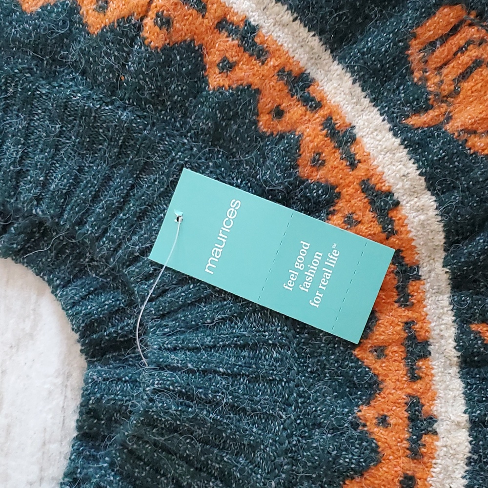 Maurices Teal Green and Orange Pumpkin Fall Knit Sweater Women's 1X - Picture 2 of 9